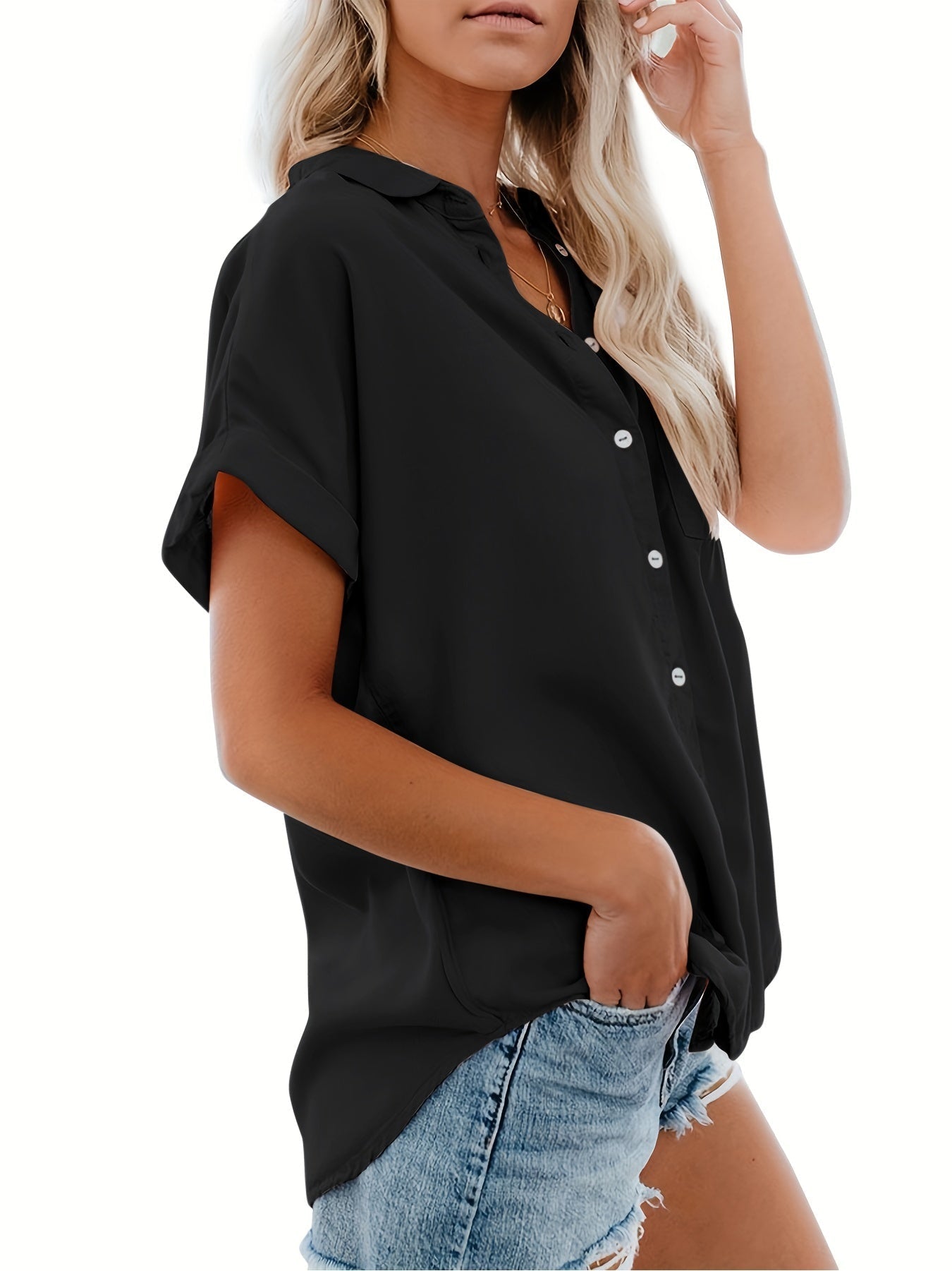 V Neck Collared Button Blouses, Casual Pocket Short Sleeve Fashion Loose Shirt