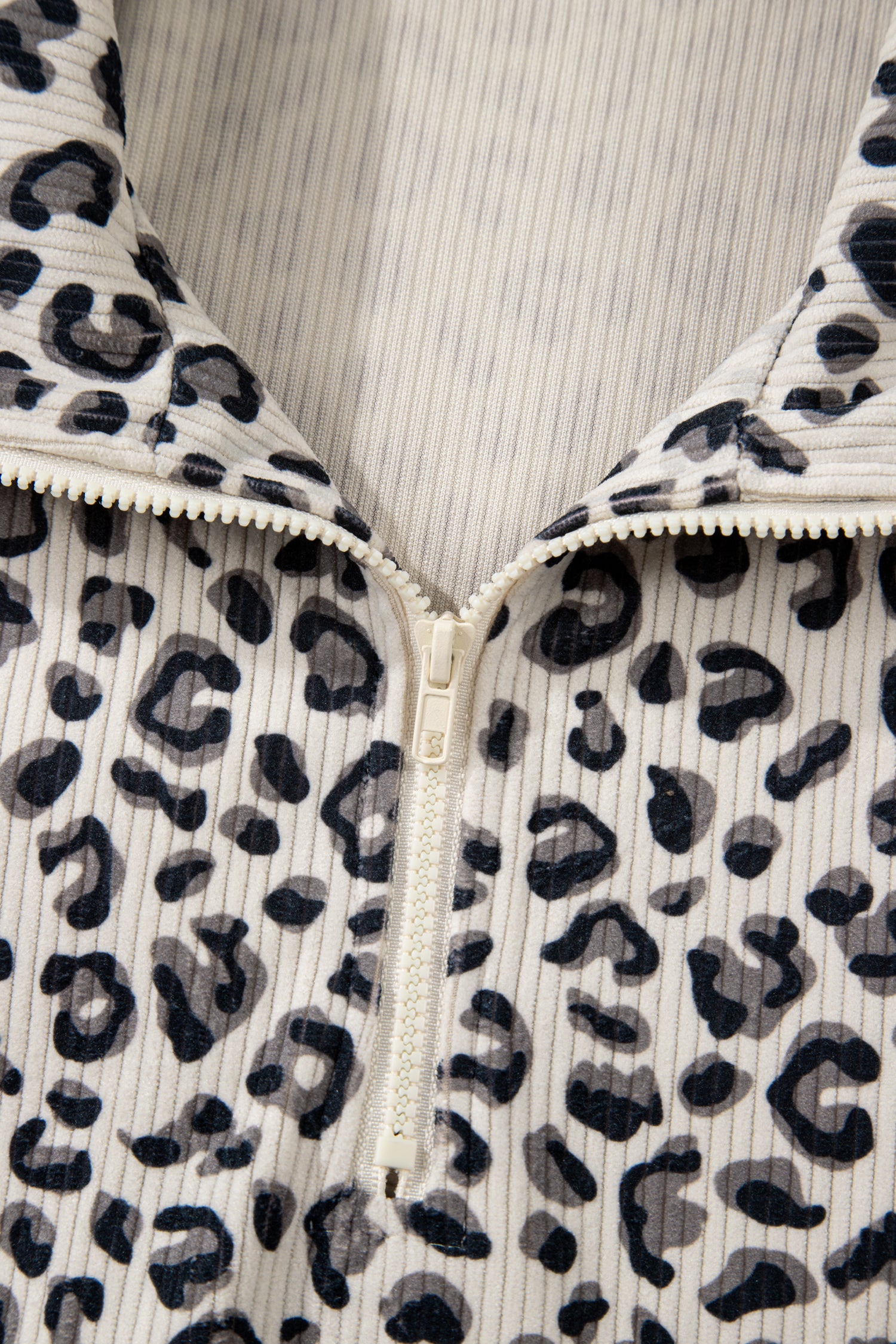 Beige Leopard Print Quarter Zip Corduroy Sweatshirt