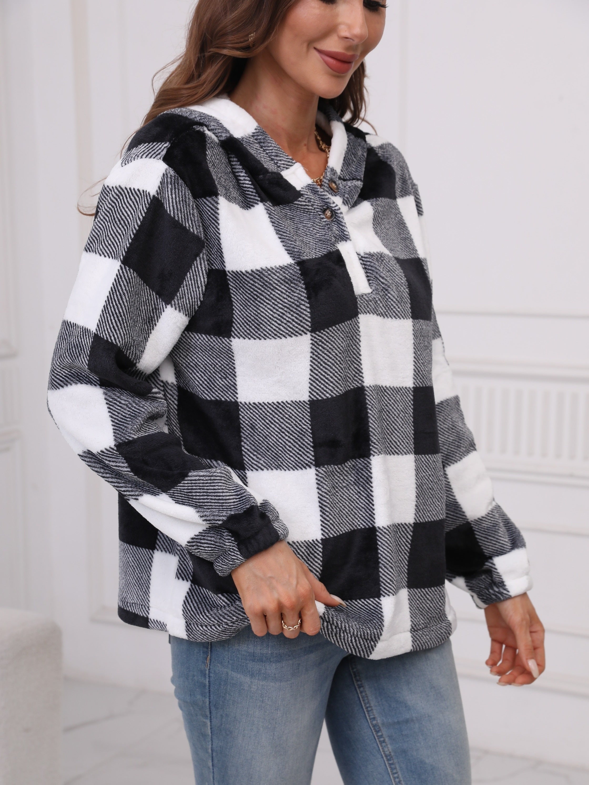 Plaid Print Simple Hoodies, Casual Drop Shoulder Long Sleeve Sweatshirt