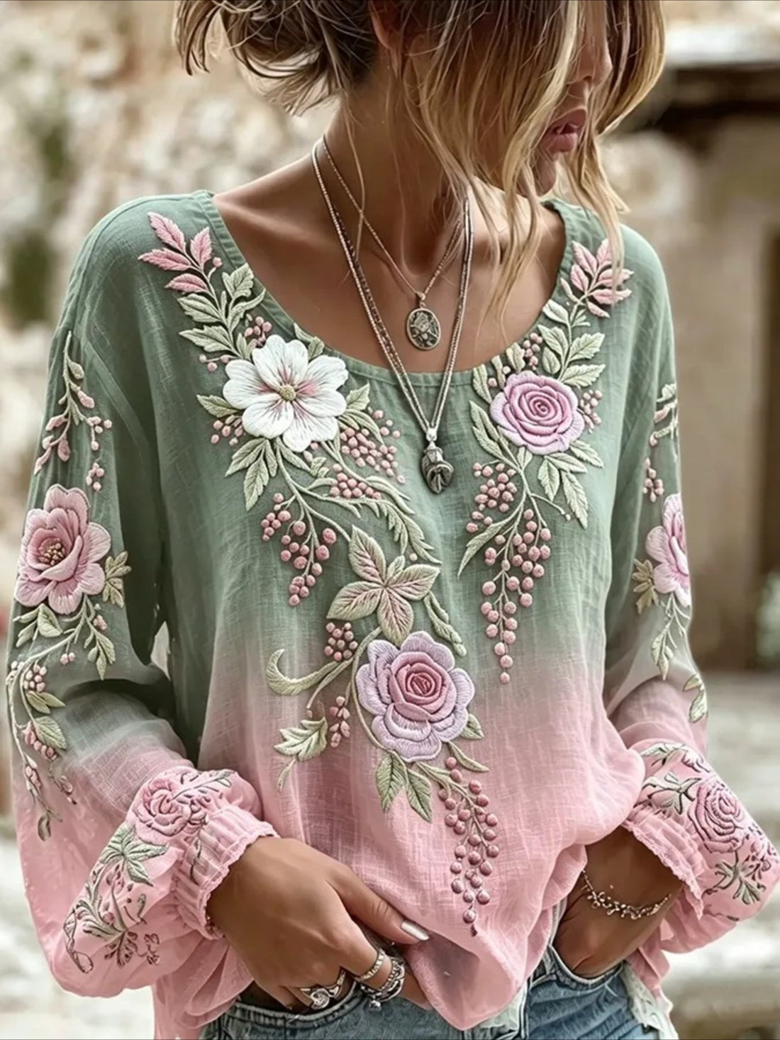 Daisy Floral Crew Neck Long Sleeve Blouse