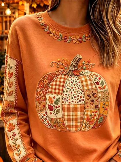 Orange Maple Leaf Printing Crew Neck Long Sleeve T-shirt