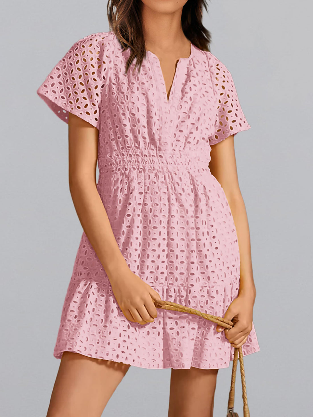 V-Neck Short Sleeve with Ruffle Hem & Smocked Waist Chic Cotton Mini Dress