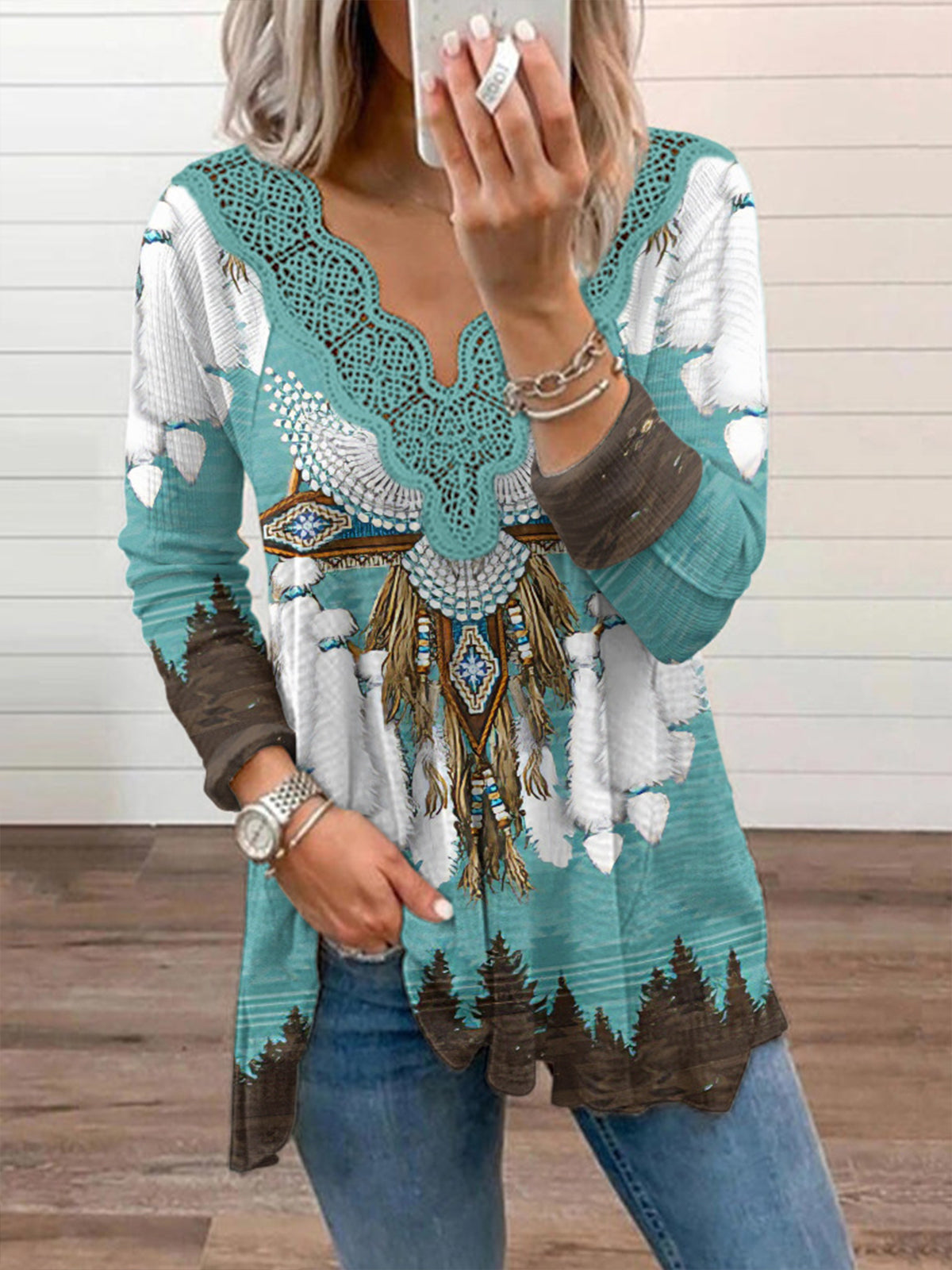 Lace Trim Flared T-shirt, Tribal Print Long Sleeve V Neck Loose T-shirt