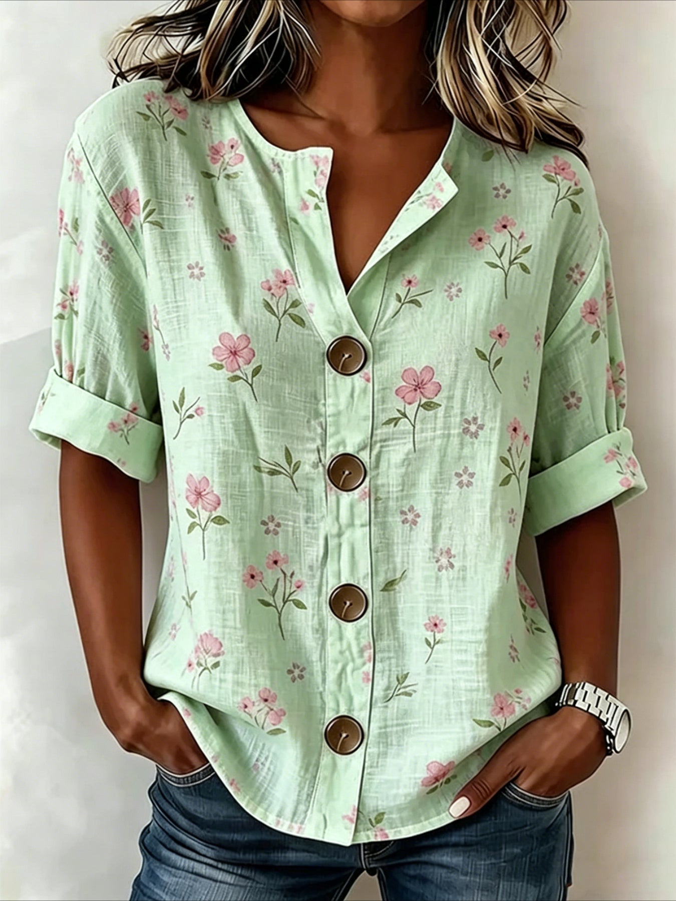 Floral Loose Stand Collar Simple Linen Blend Long Sleeve Shirt