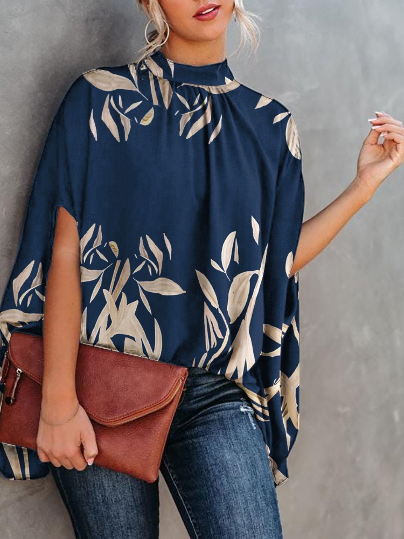 Asymmetrical High Neck Batwing Sleeve Shirt, Letter Print Elegant Summer Stretchy Shirt