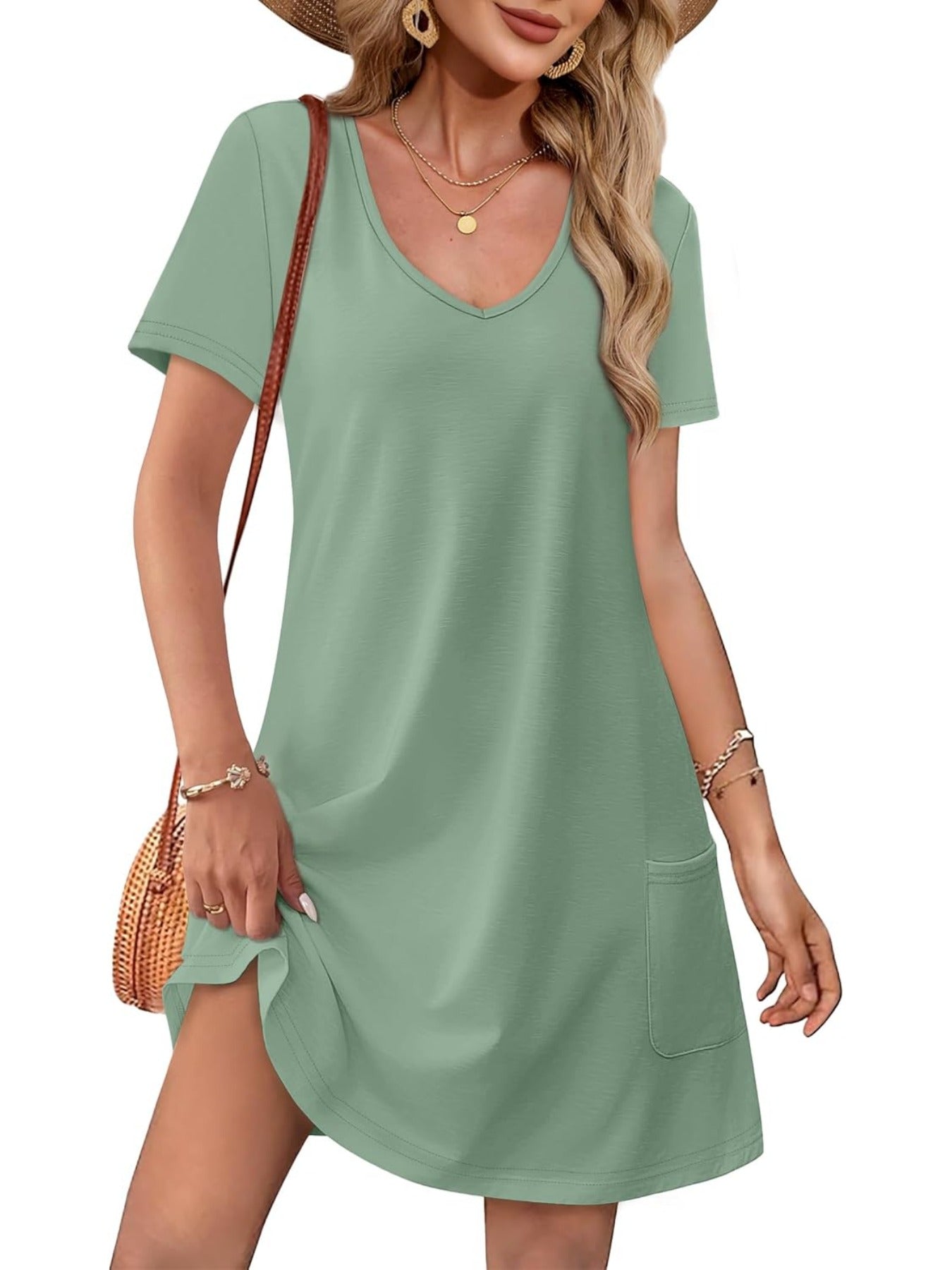 Loose V Neck Short Sleeve Casual T Shirt Dress