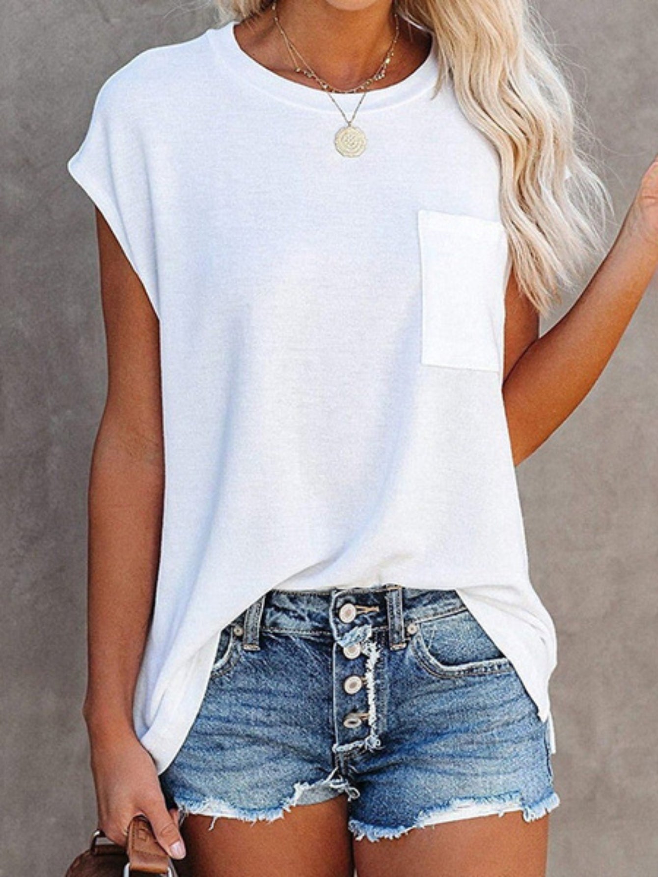 Solid Chest Pocket Loose T-shirt, Batwing Sleeve Crew Neck Top
