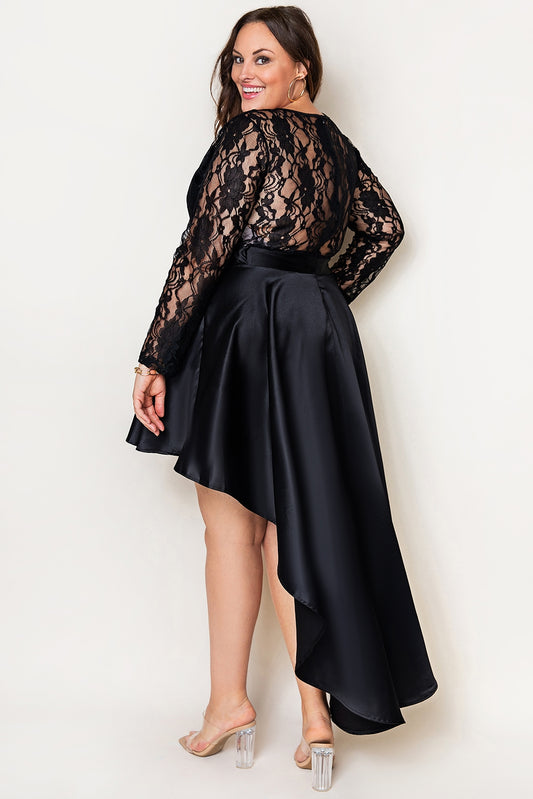 Black Plus Size Sheer Lace Splice High Low Satin Dress