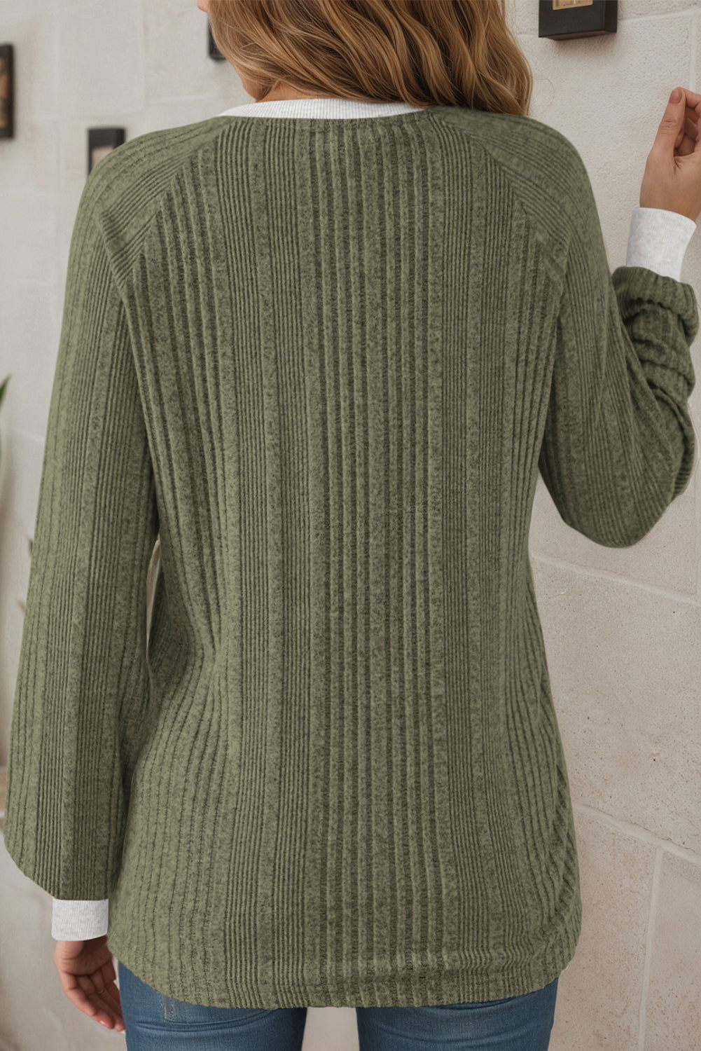 Moss Green Ribbed Contrast Cuffed Round Neck Long Sleeve T Shirt