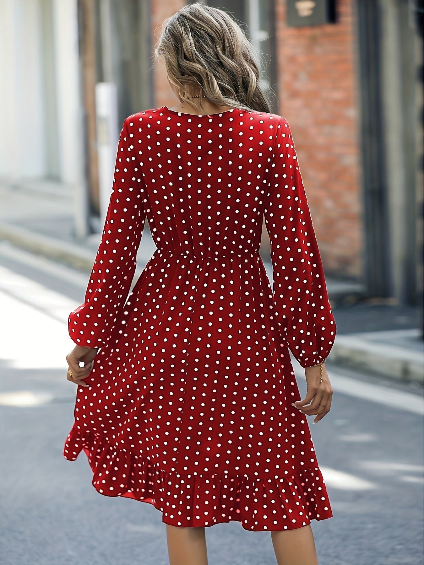 Retro V-neck Ruffle Dress, Polka Dot Print Long Sleeve Waist Loose Summer Dresses