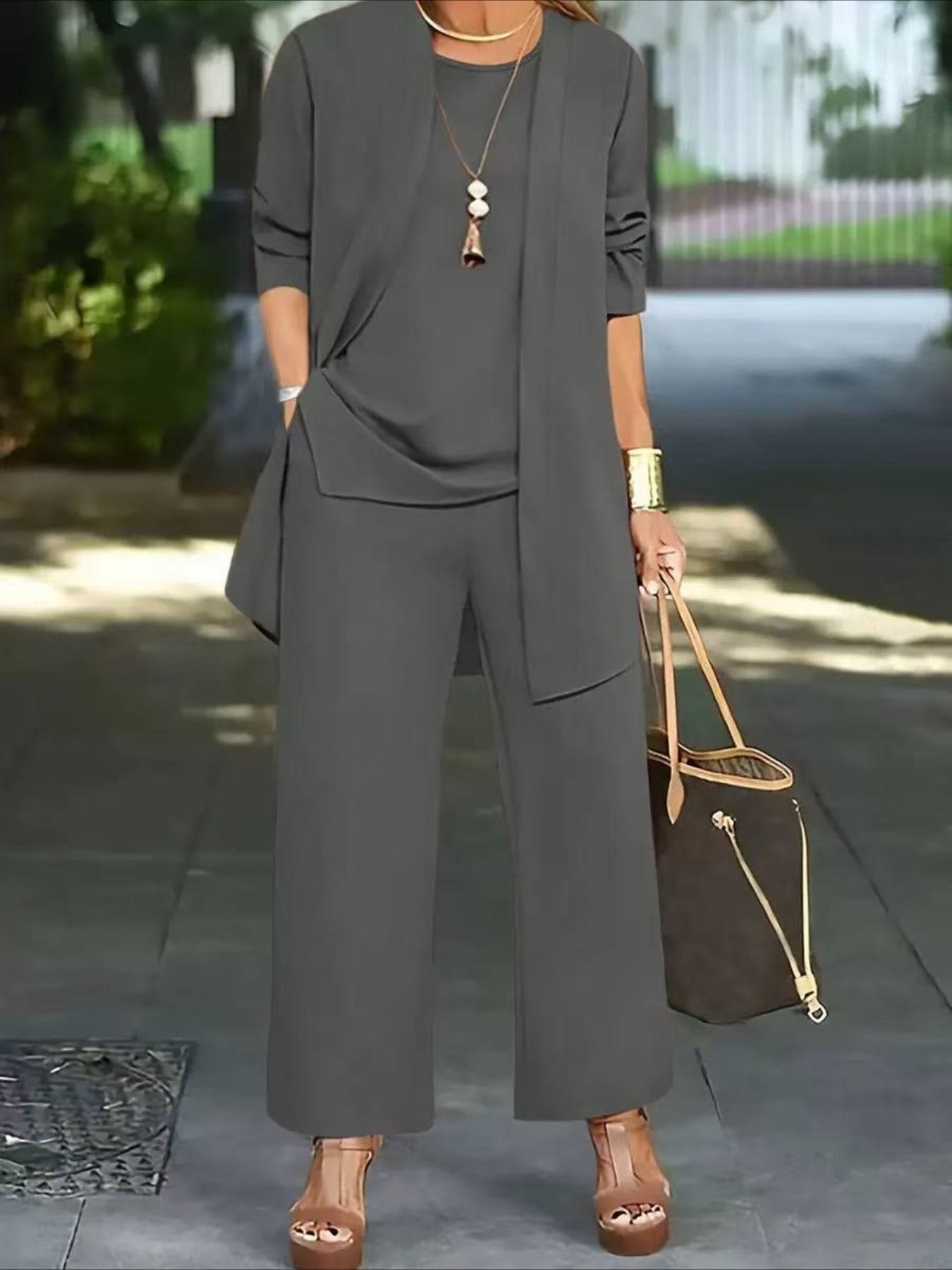 Plain Split Joint Matching Outfit Commuting Long Sleeve Casual Multi-Piece Matching Set