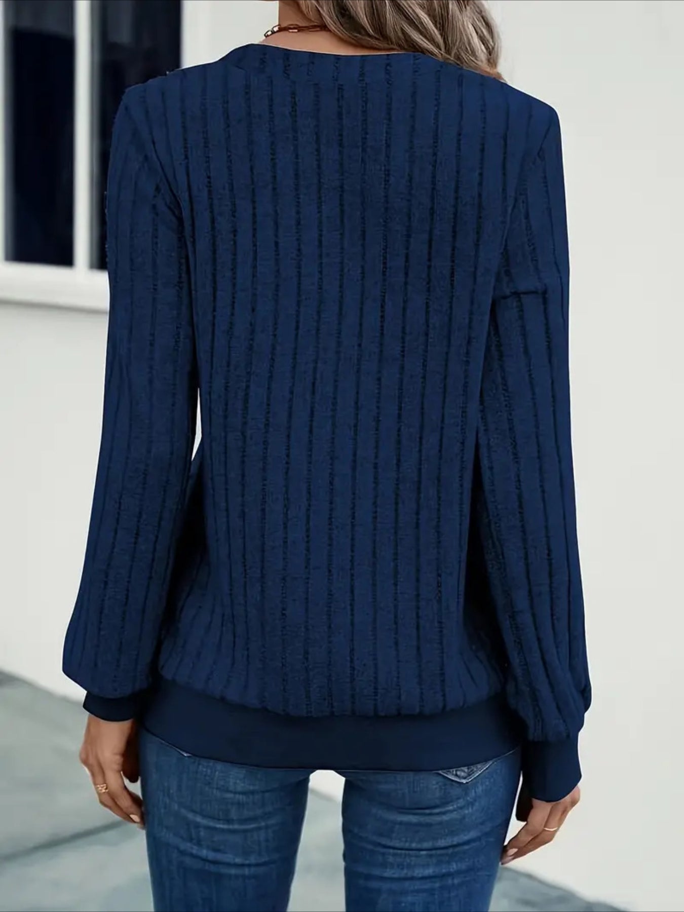 Solid Color V Neck T-Shirt, Casual Long Sleeve Ribbed Top