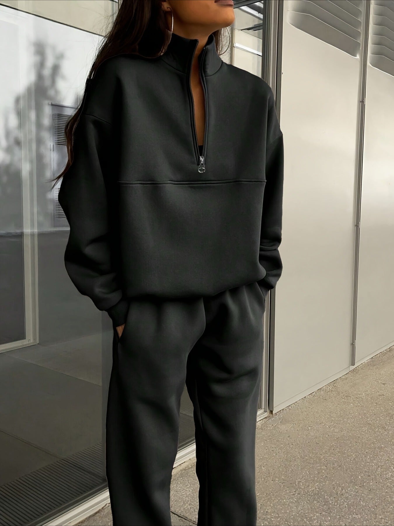 Cozy Fleece Zip-Up Top & Loose Pants Two-Piece Set