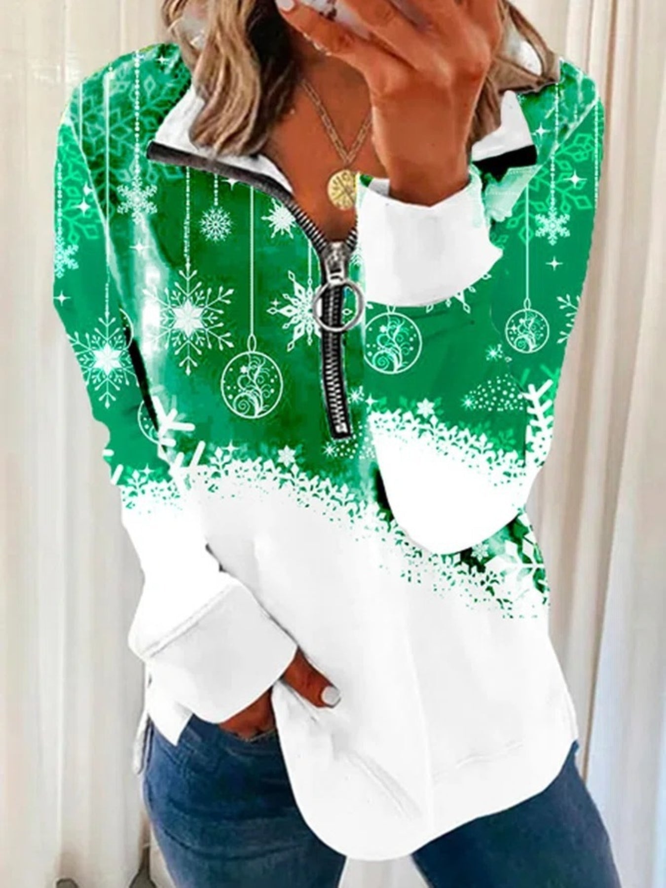 Christmas Print Zip Stand Collar Sweatshirt, Casual Long Sleeve Loose Sweatshirt