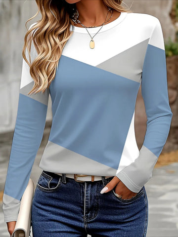 Casual Color Block Long Sleeve Crew Neck Casual T-shirt