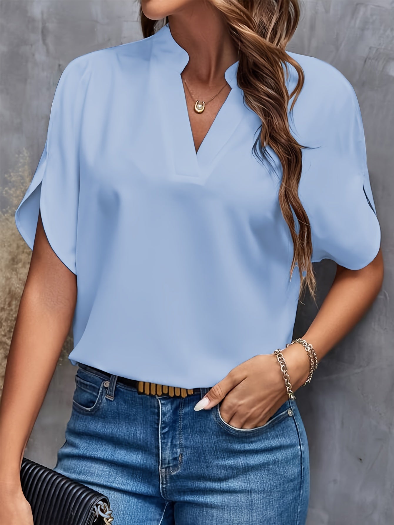 Women's Casual Notch Neck Blouse with Split Sleeves