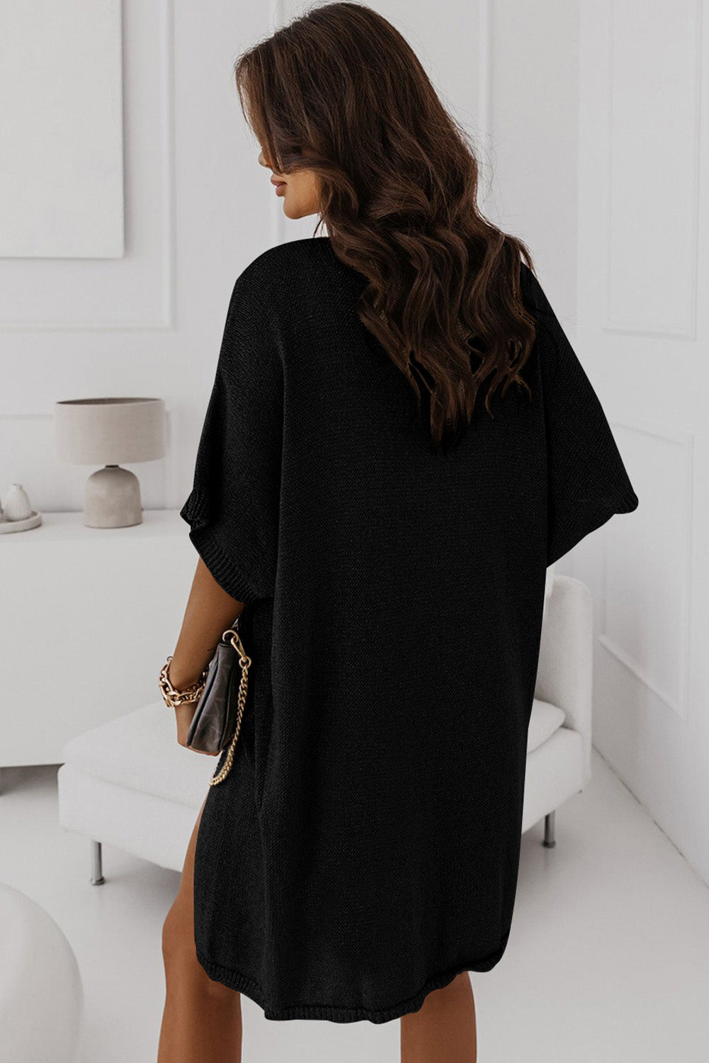 Black Dolman Half Sleeve Pocketed Long Cardigan