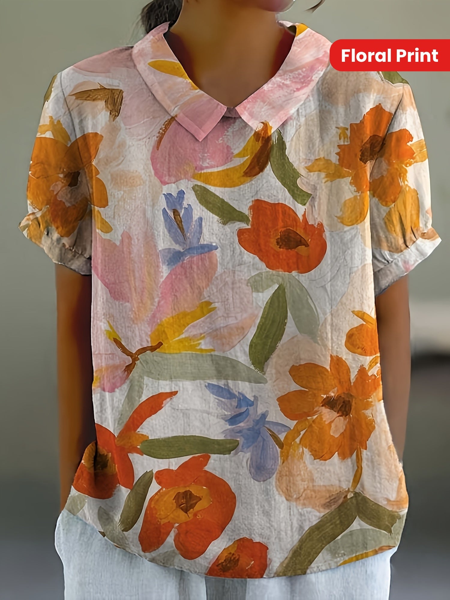 Short Sleeves with Ruffled Detail Non-Sheer Vintage Art Casual  Floral Print Shirt