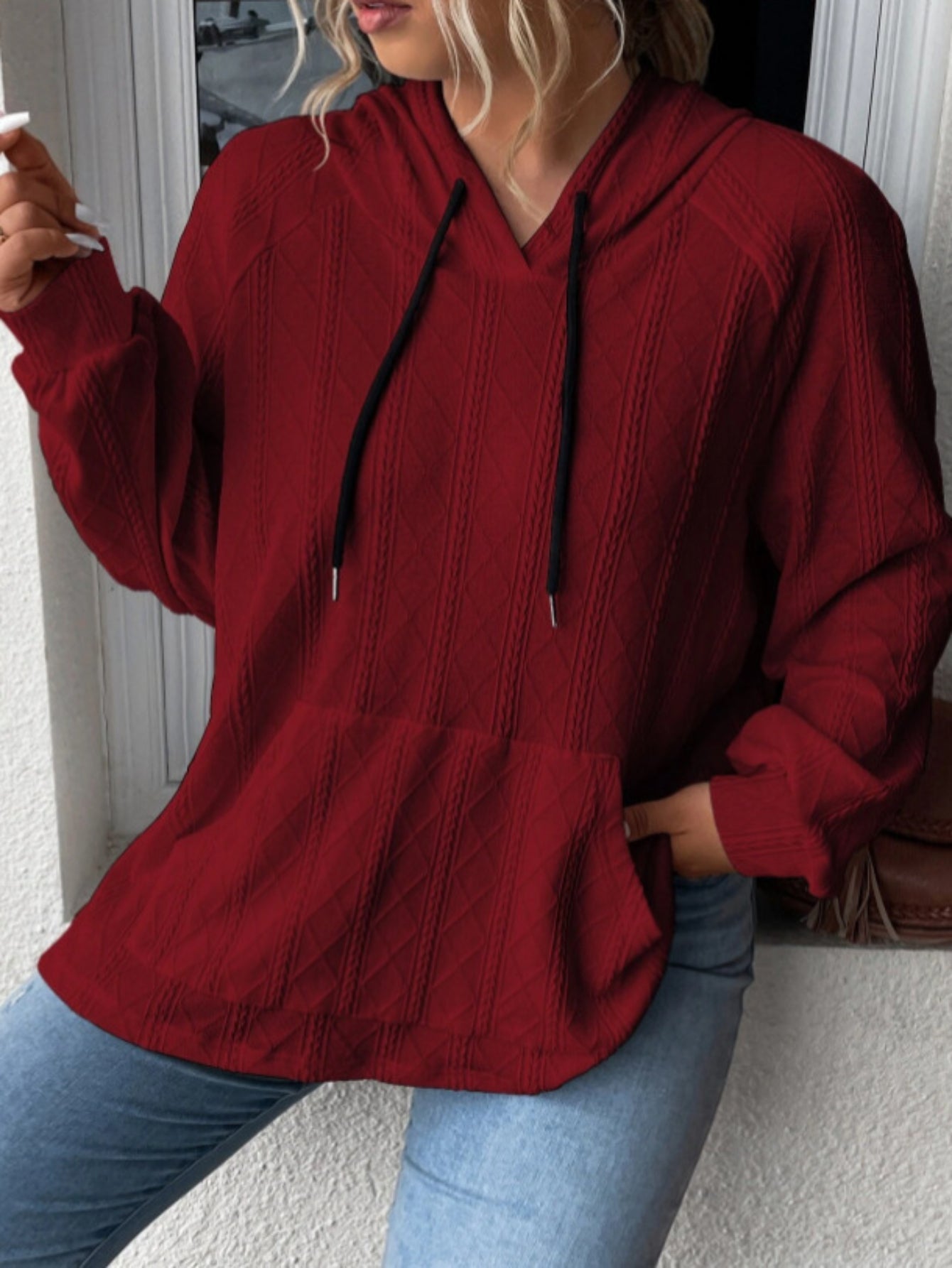 Solid Textured Long Sleeve Drawstring Hooded Pullover Sweatshirt With Kangaroo Pockets
