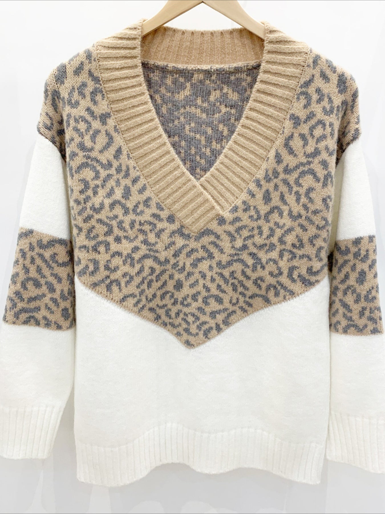 Patchwork Leopard Long Sleeve V Neck Sweater