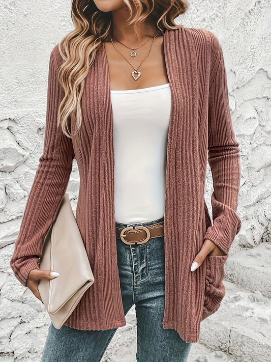 Solid Open Front Rib Knit Cardigan, Casual Long Sleeve Slim Cardigan With Pocket