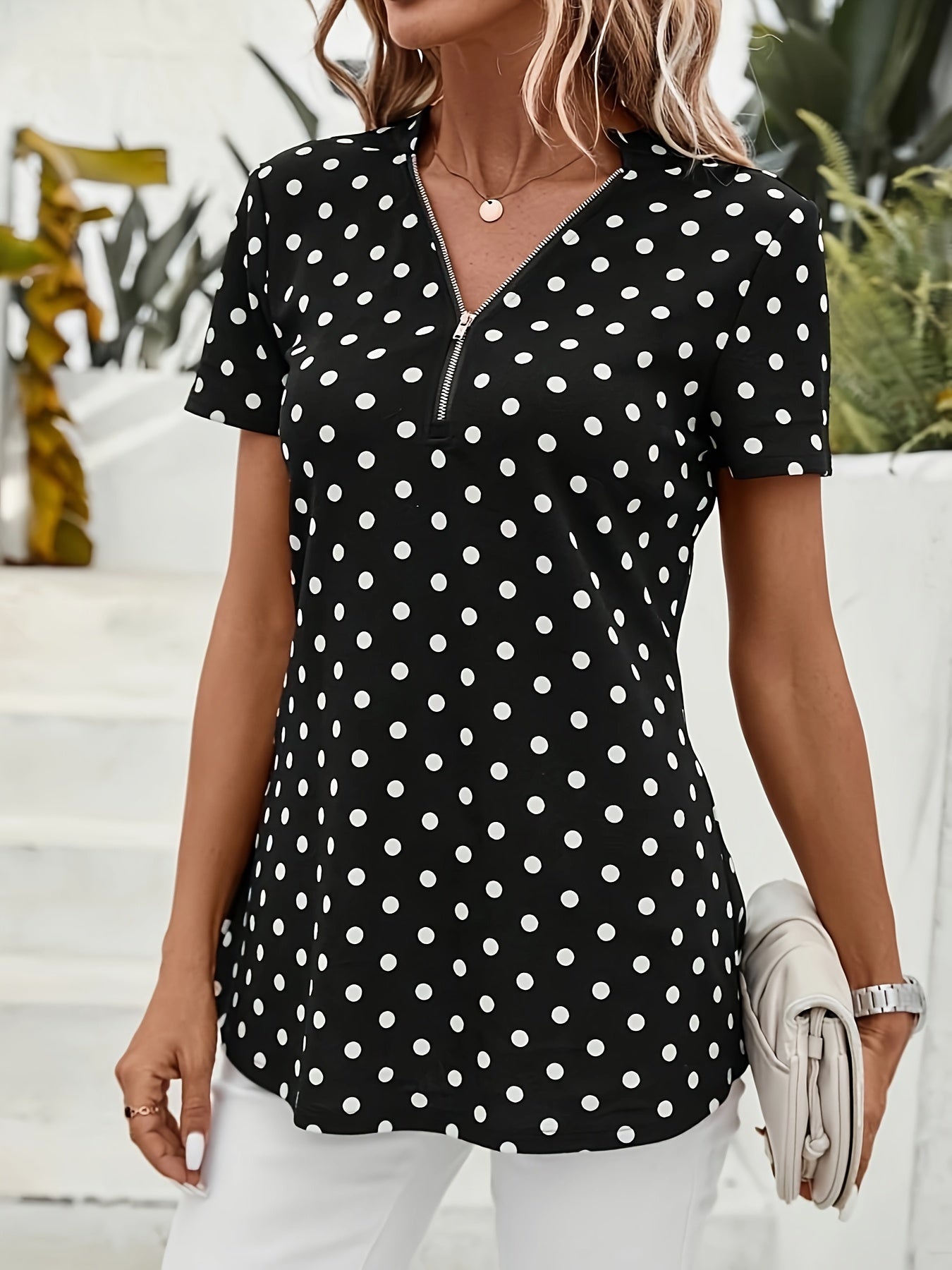 Polka Dots Print V Neck Blouse, Elegant Zipper Front Short Sleeve Blouse