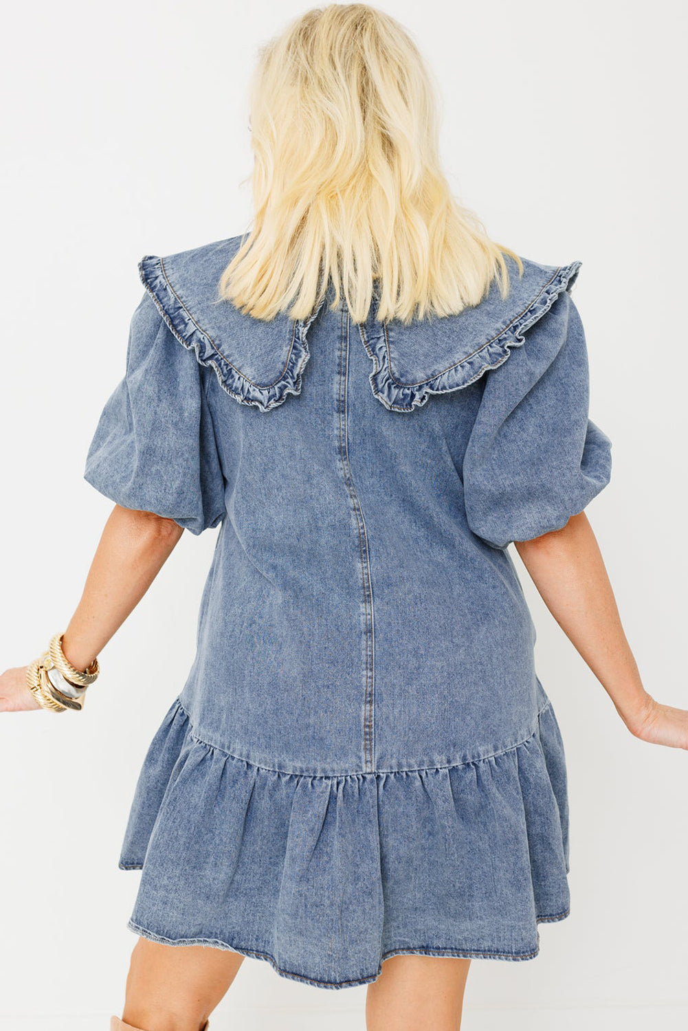 Dusk Blue Ruffled Collared Side Pockets Puff Sleeve Denim Mini Dress