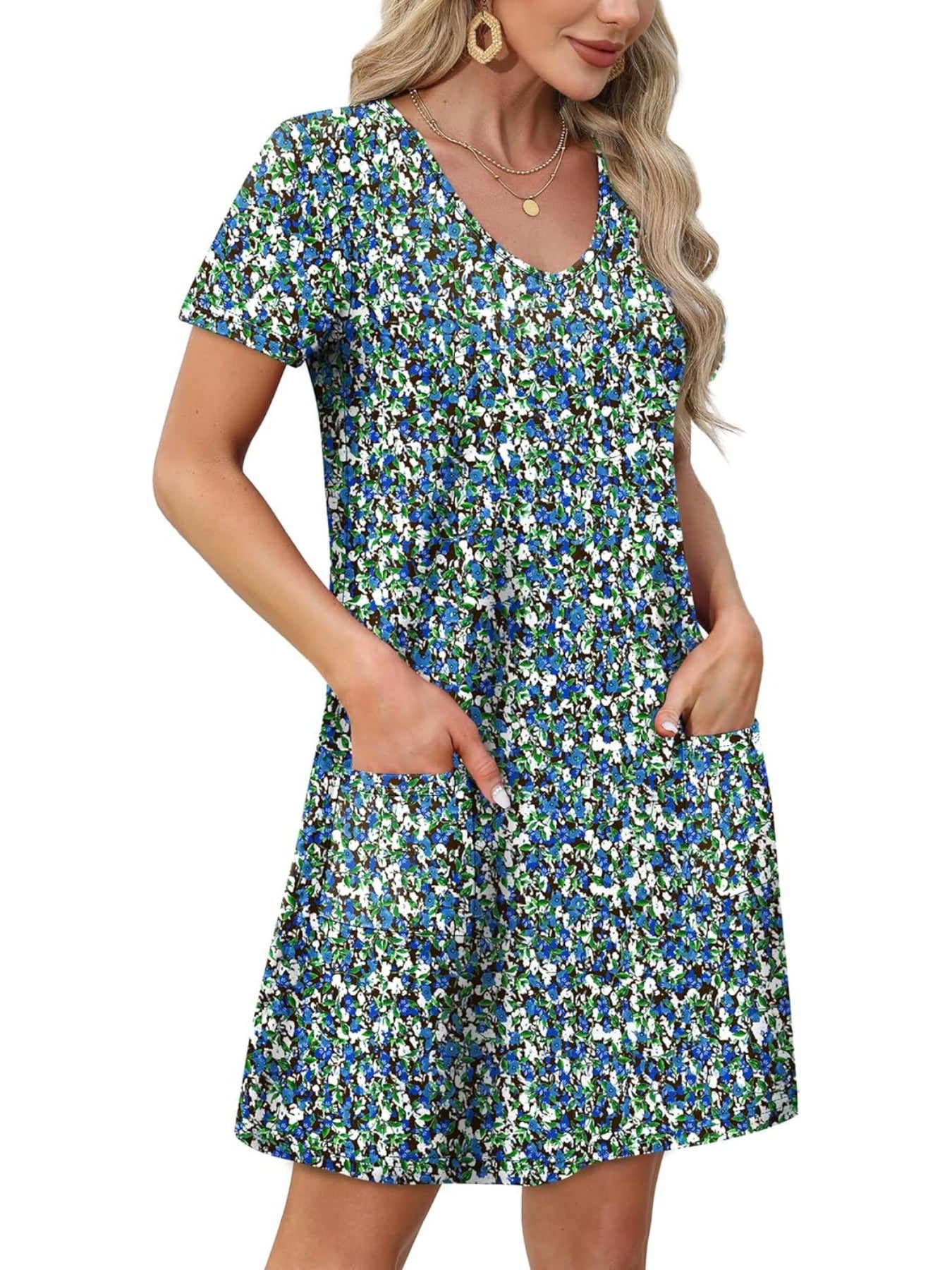 Loose V Neck Short Sleeve Casual T Shirt Dress