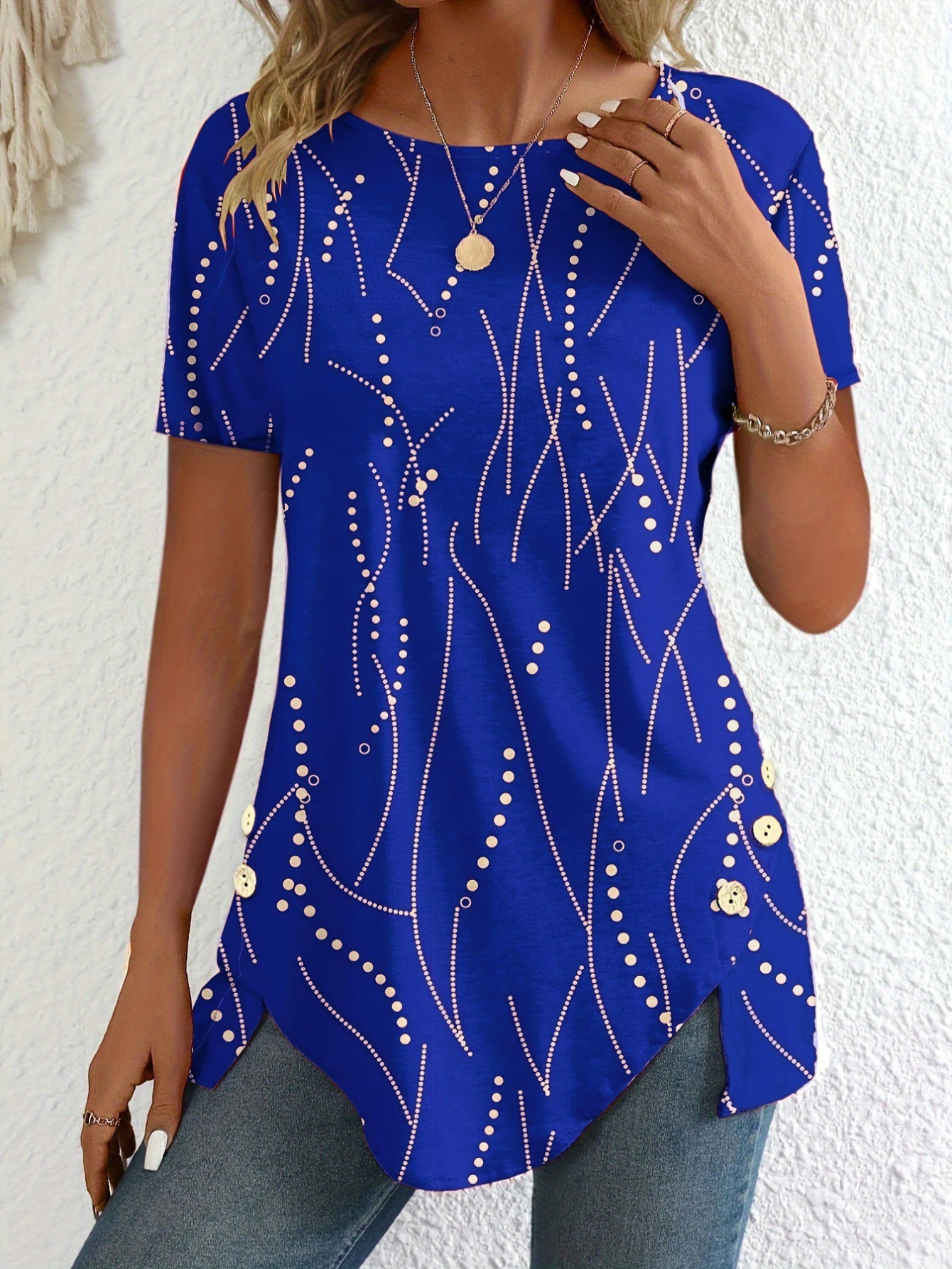 Polka Dots Print Crew Neck T-Shirt, Casual Button Decor Short Sleeve T-Shirt