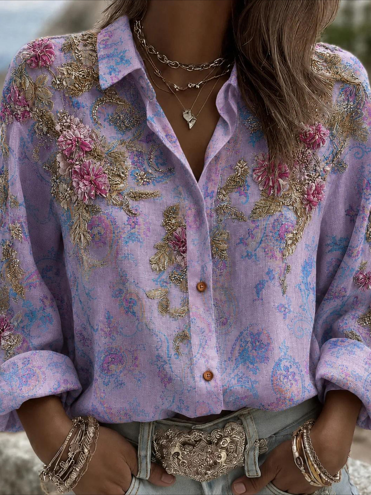 Flower Prints Shirt Collar Casual Long Sleeve Blouse