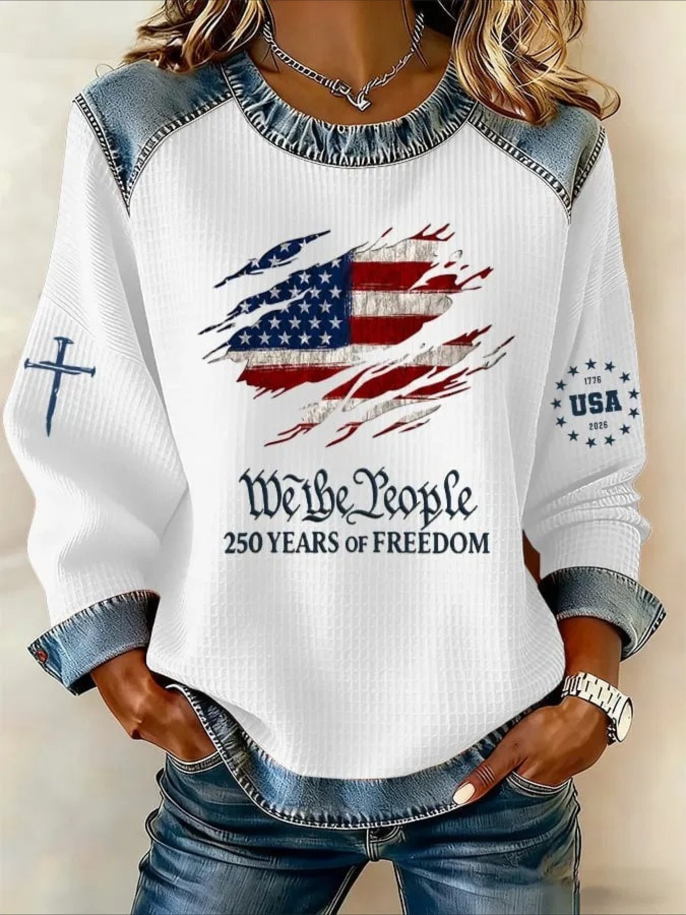 Denim Print Splicing Long Sleeve Crew Neck Sweatshirts