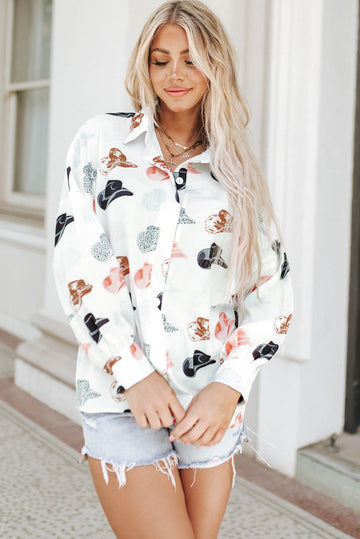 White Cow Boy Hats Puff Sleeve Button Up Shirt