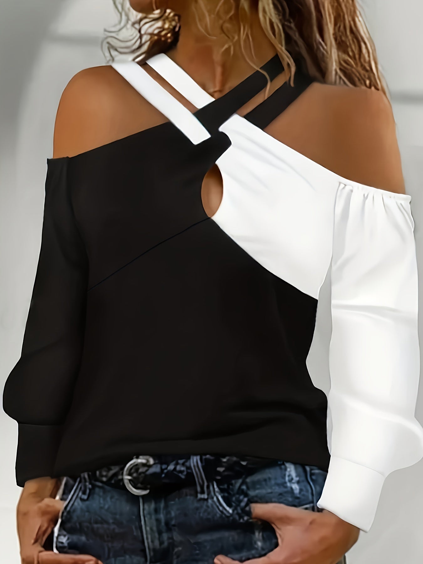 Colorblock Cross Front Keyhole T-Shirt, Casual Cold Shoulder Long Sleeve Top