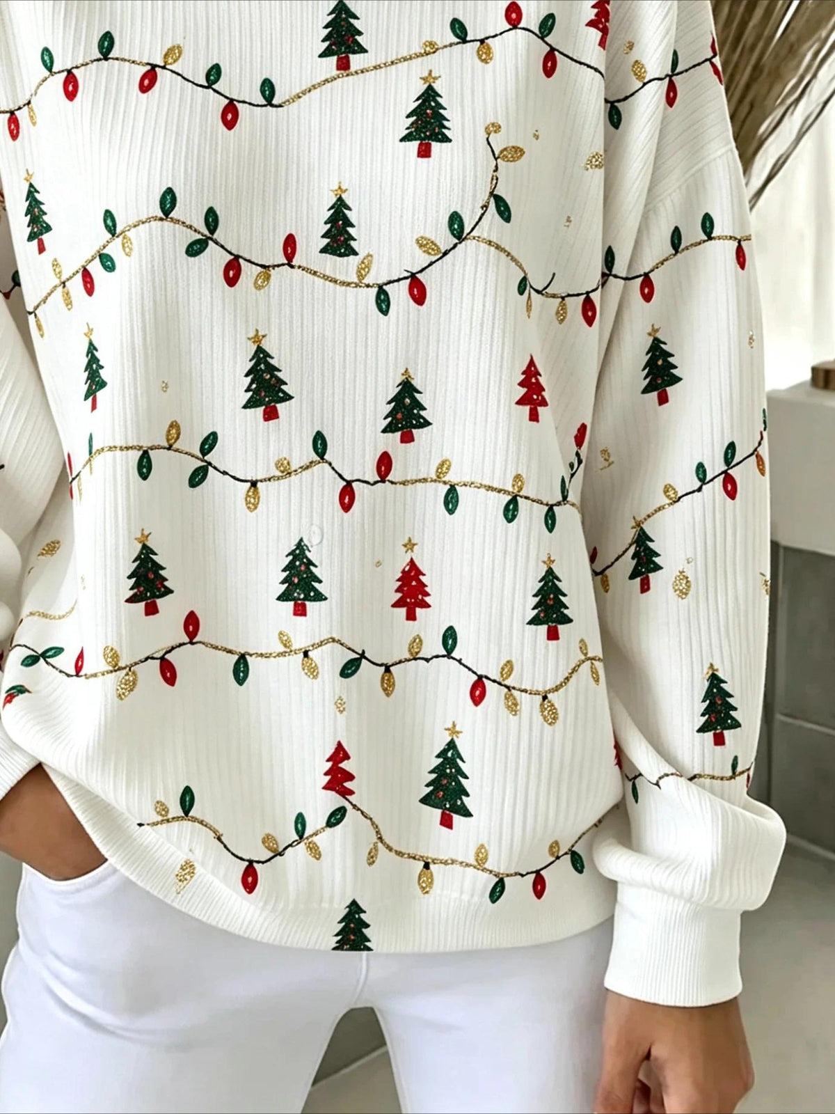 Christmas Tree Casual Printing Loose Leaf Crew Neck Regular Fit Sweatshirt
