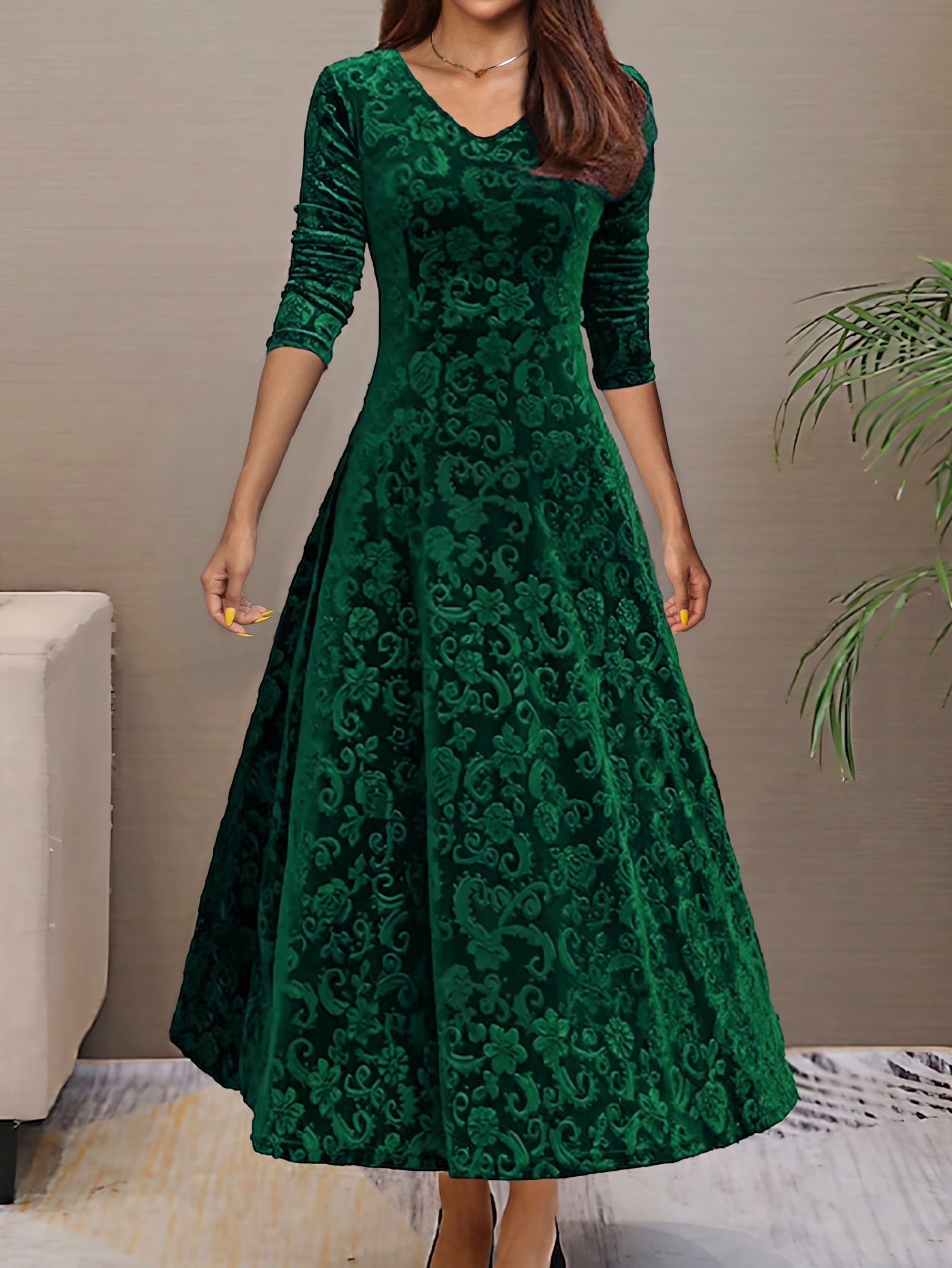 Solid Color Long Sleeve Dress, Elegant V Neck Flared Dress