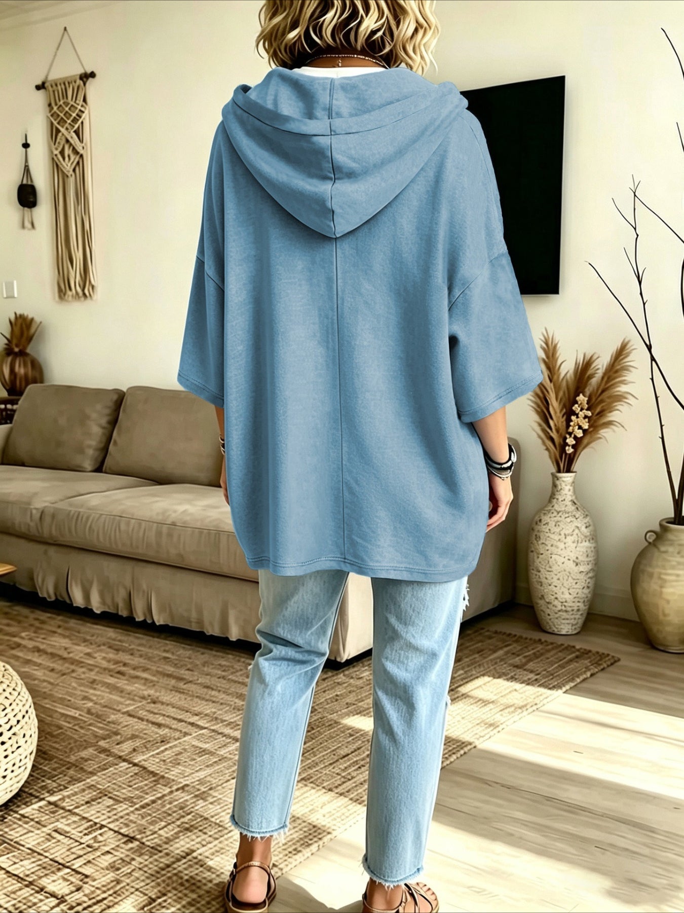 Seven-quarter Sleeves Solid Color Casual Hooded Sweatshirt