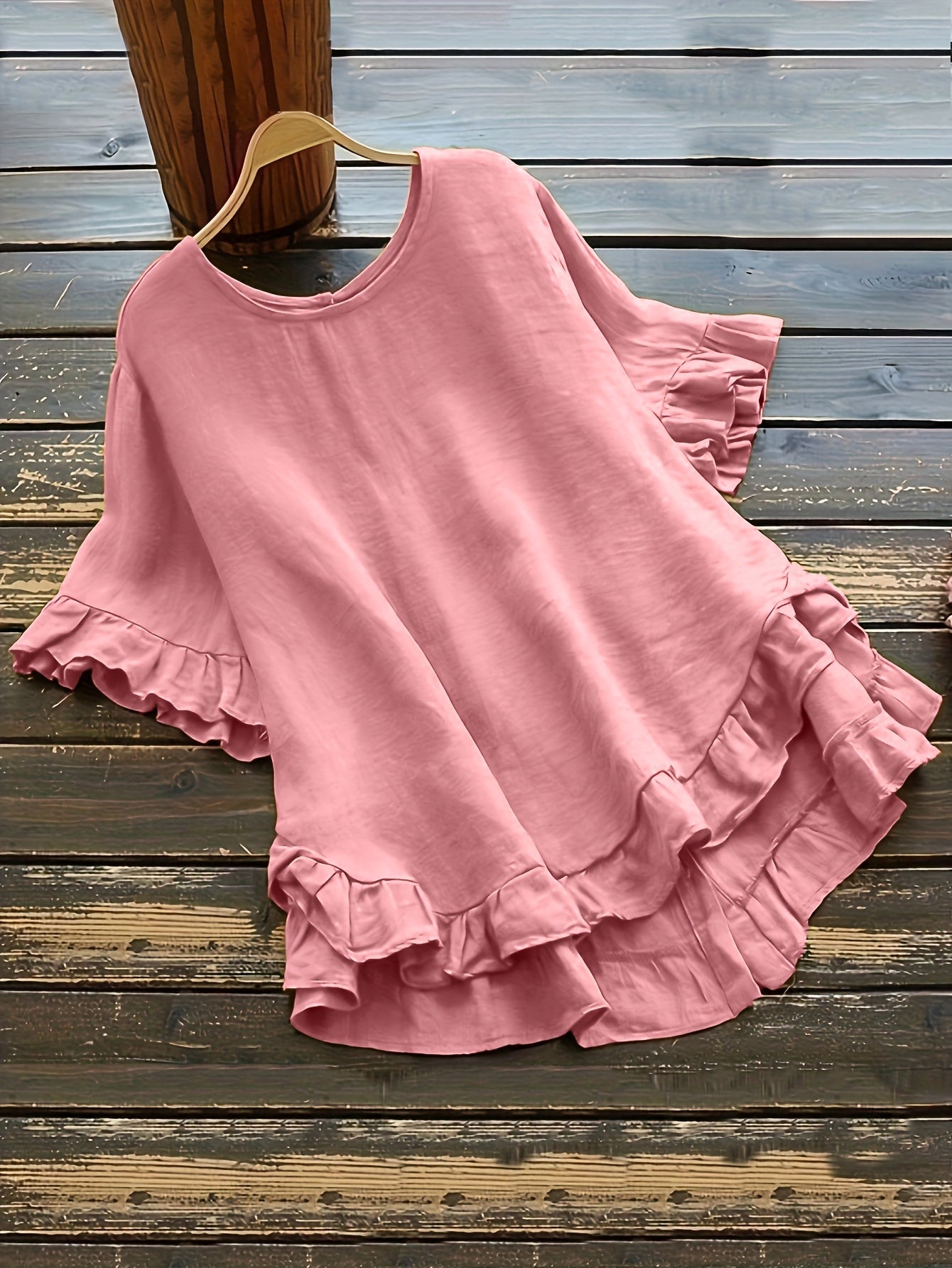 Solid Button Back Ruffled Trim Blouse, Casual Short Sleeve Blouse