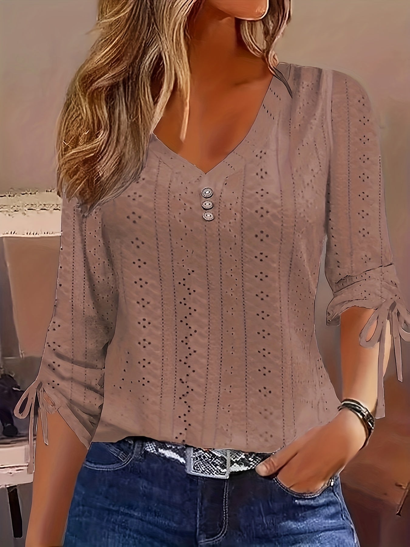 Women's Solid Eyelet Embroidery Ruched Tie Long Sleeve Button Decor V Neck Slight Stretch Top