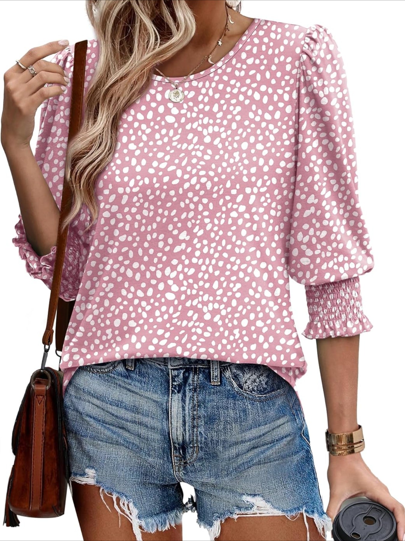 Casual 3/4 Length Sleeve Blouses with Smocked Cuffs