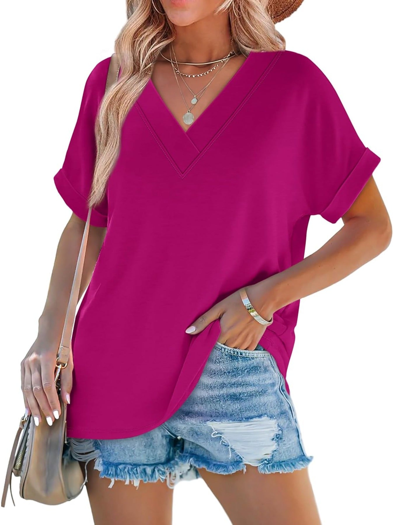 Solid Color V Neck Short Dolman Sleeve Shirts