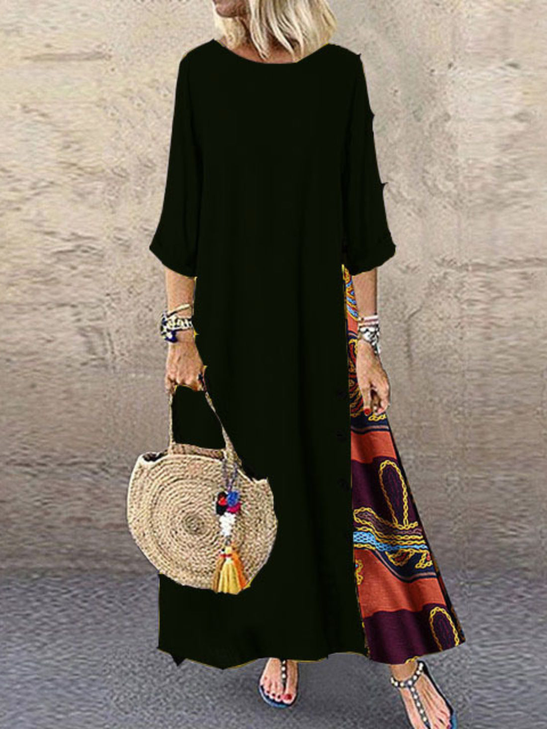 Tribal Print Crew Neck Panel Dress, Casual Long Sleeve Loose Maxi Dress