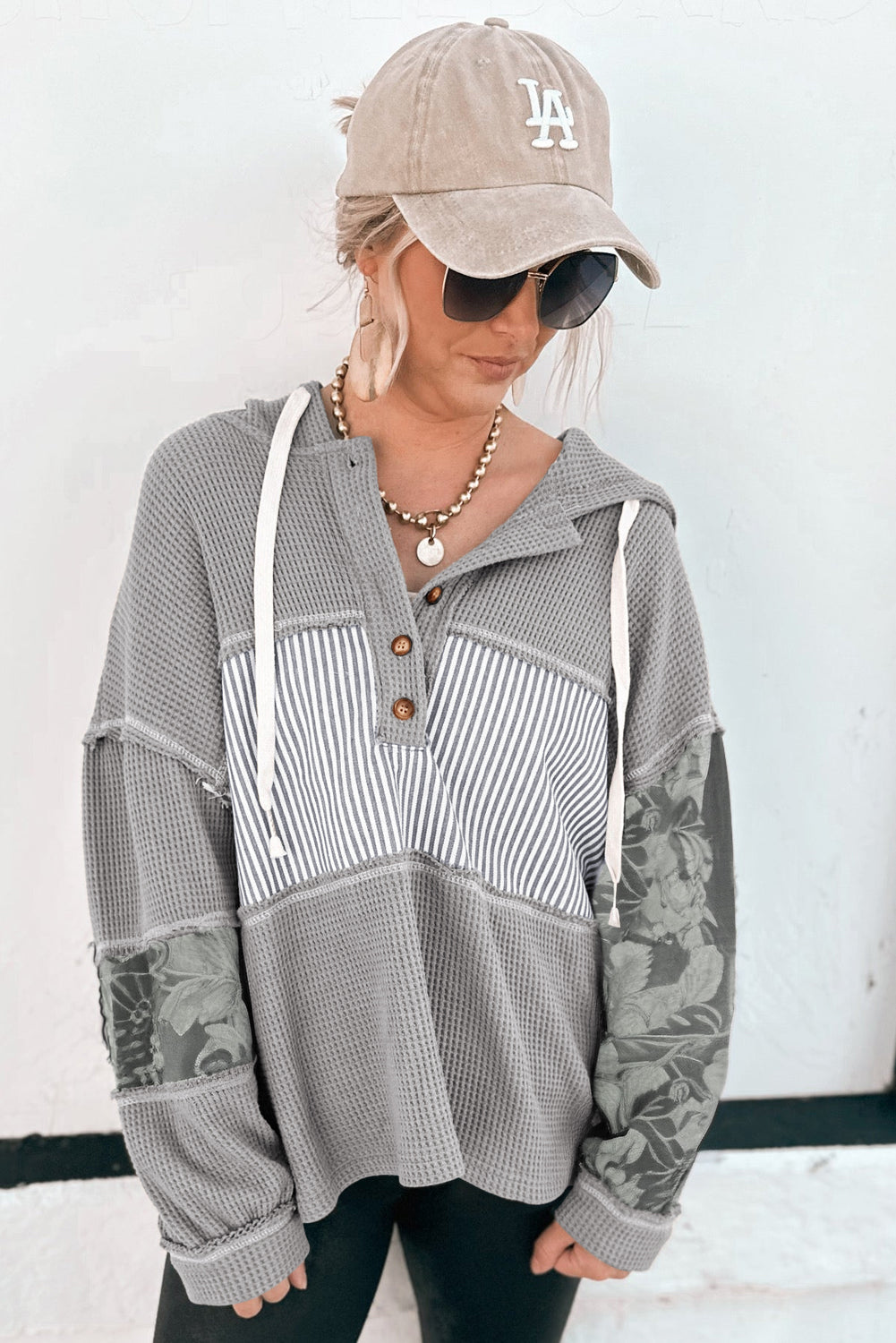 Gray Waffle Printed Patchwork Drawstring Hooded Long Sleeve Top