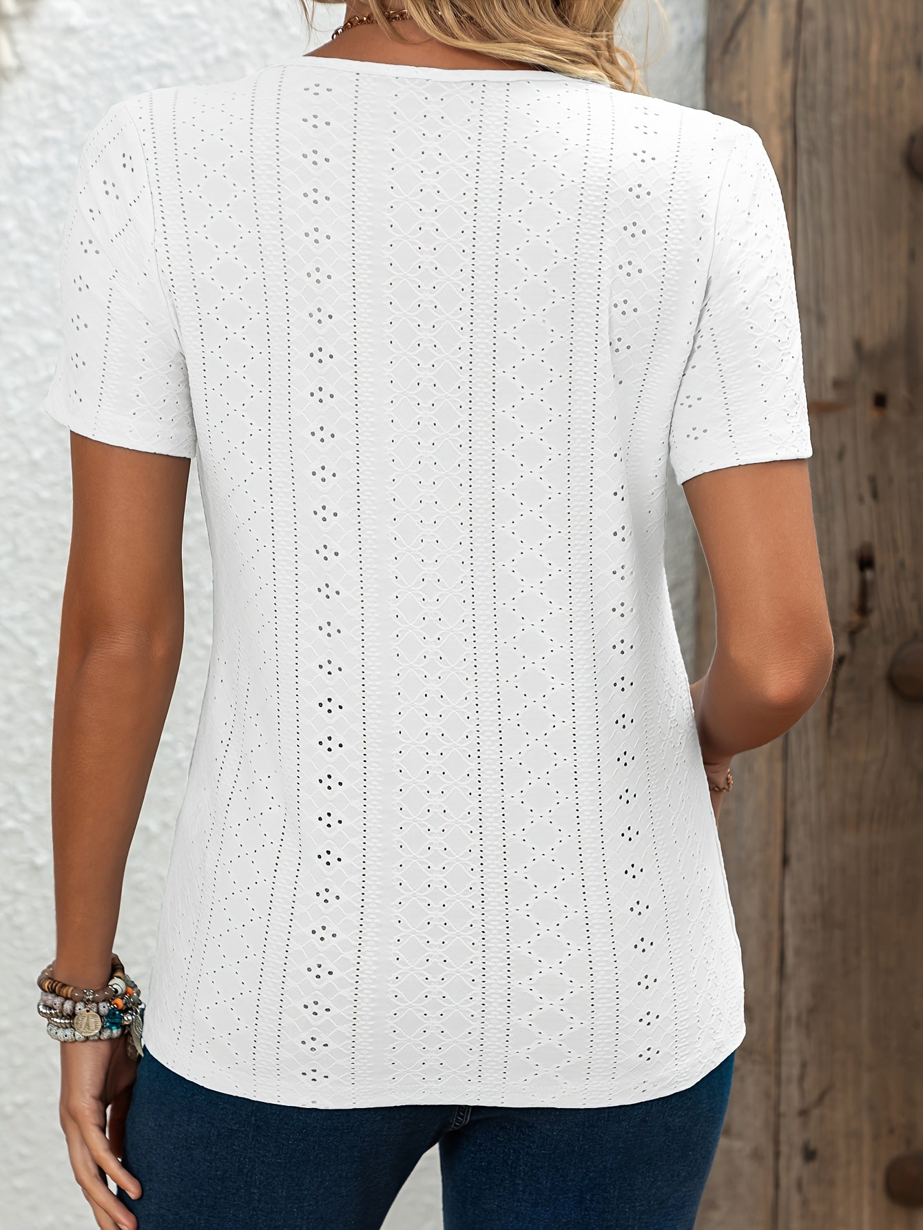 Elegant V-Neck Short Sleeve T-Shirt with Decorative Buttons