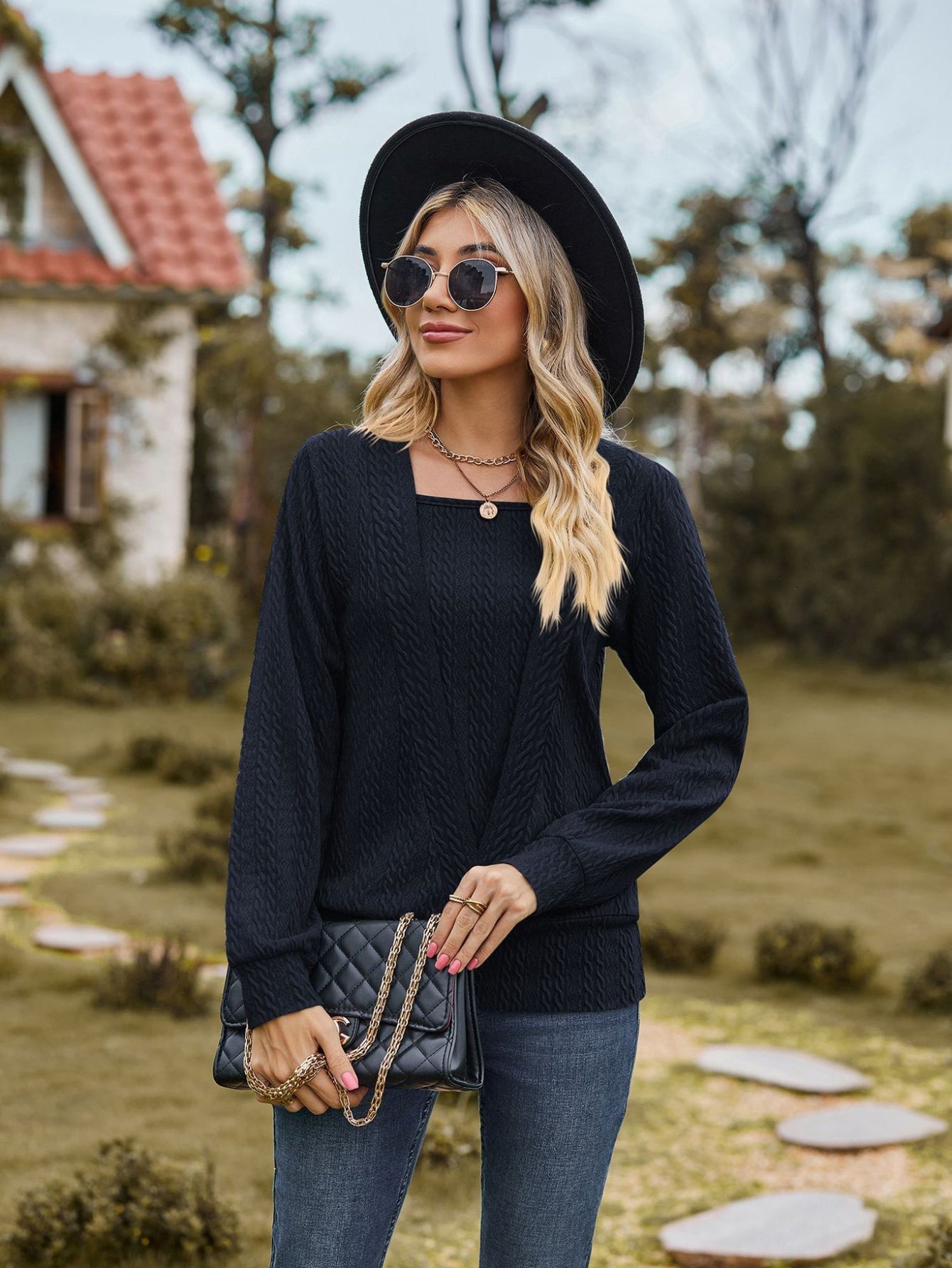 Women's Solid Cable Faux Twinset Long Sleeve Square Neck Slight Stretch T-shirt