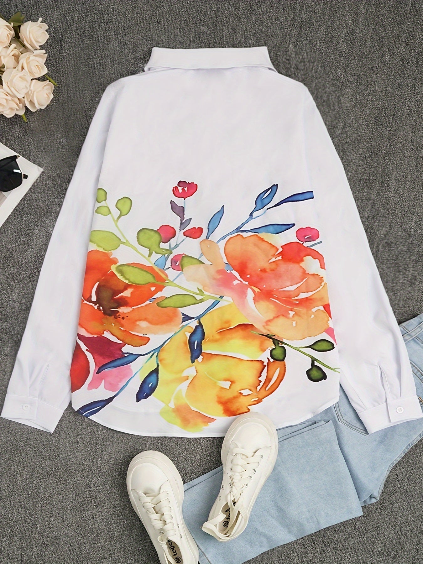 Ink Painting Printed Casual Button-Up Long Sleeve Shirt for Women