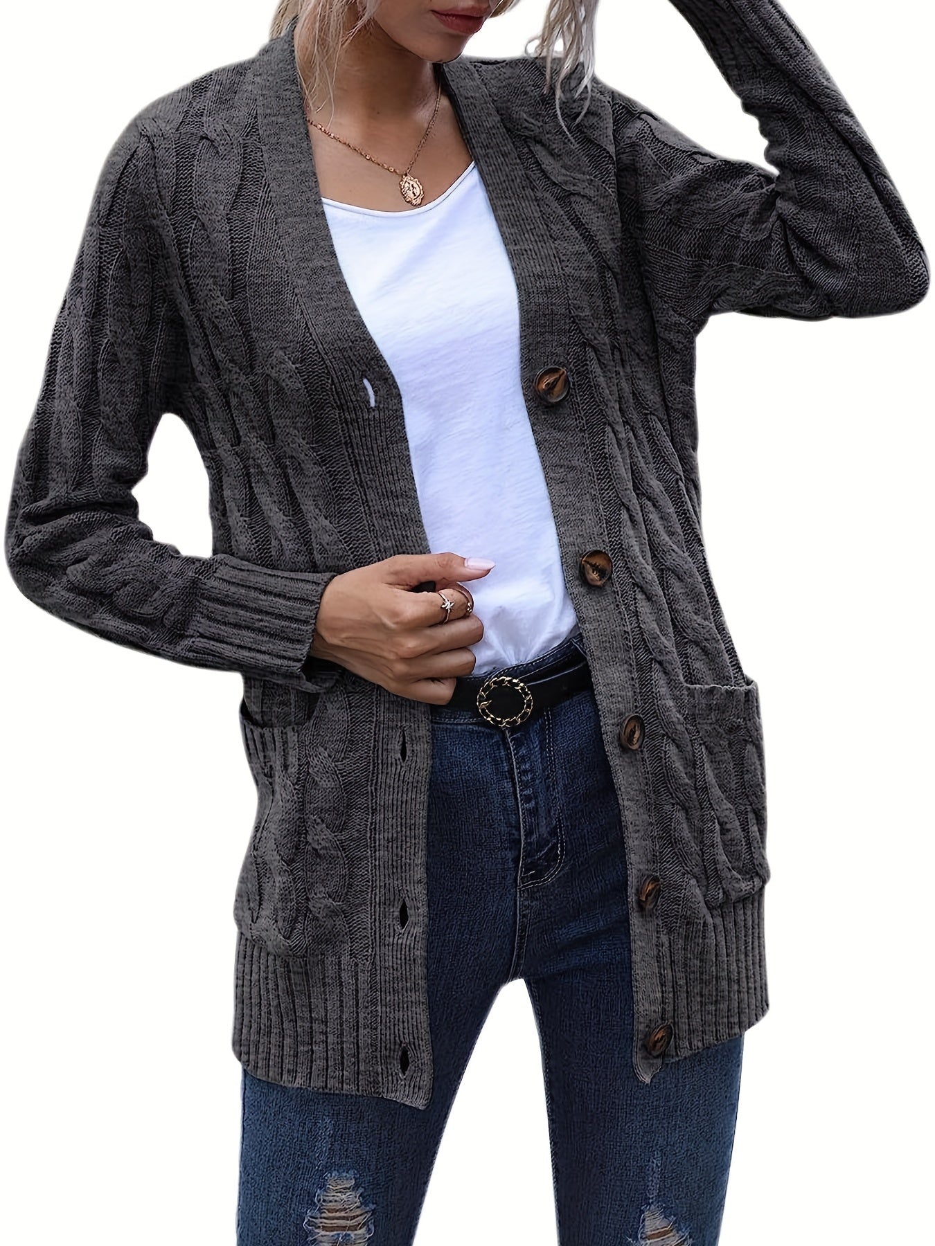Cable Knit Button Front Cardigan, Casual Solid Long Sleeve Cardigan