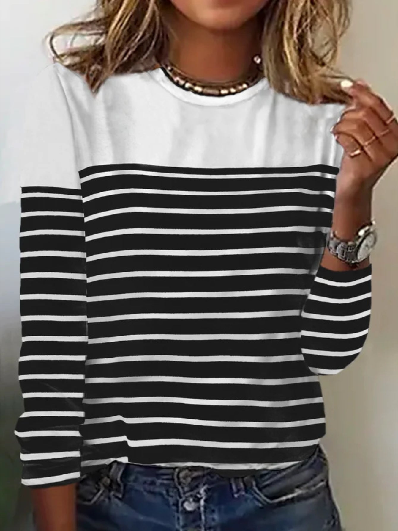 Stripe Print Crew Neck T-Shirt, Casual Long Sleeve Top