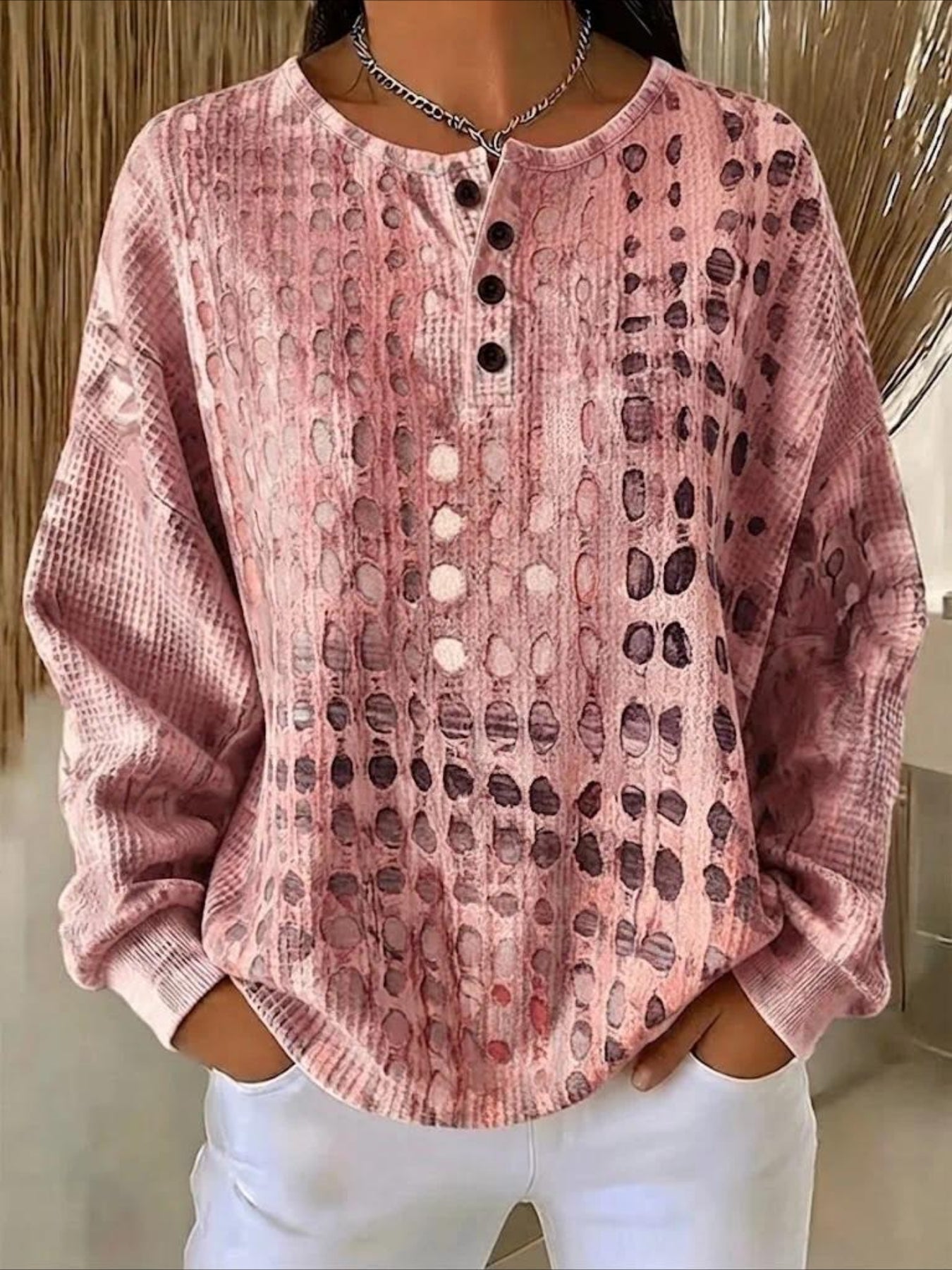Polka Dots V Neck Long Sleeve Regular Tops