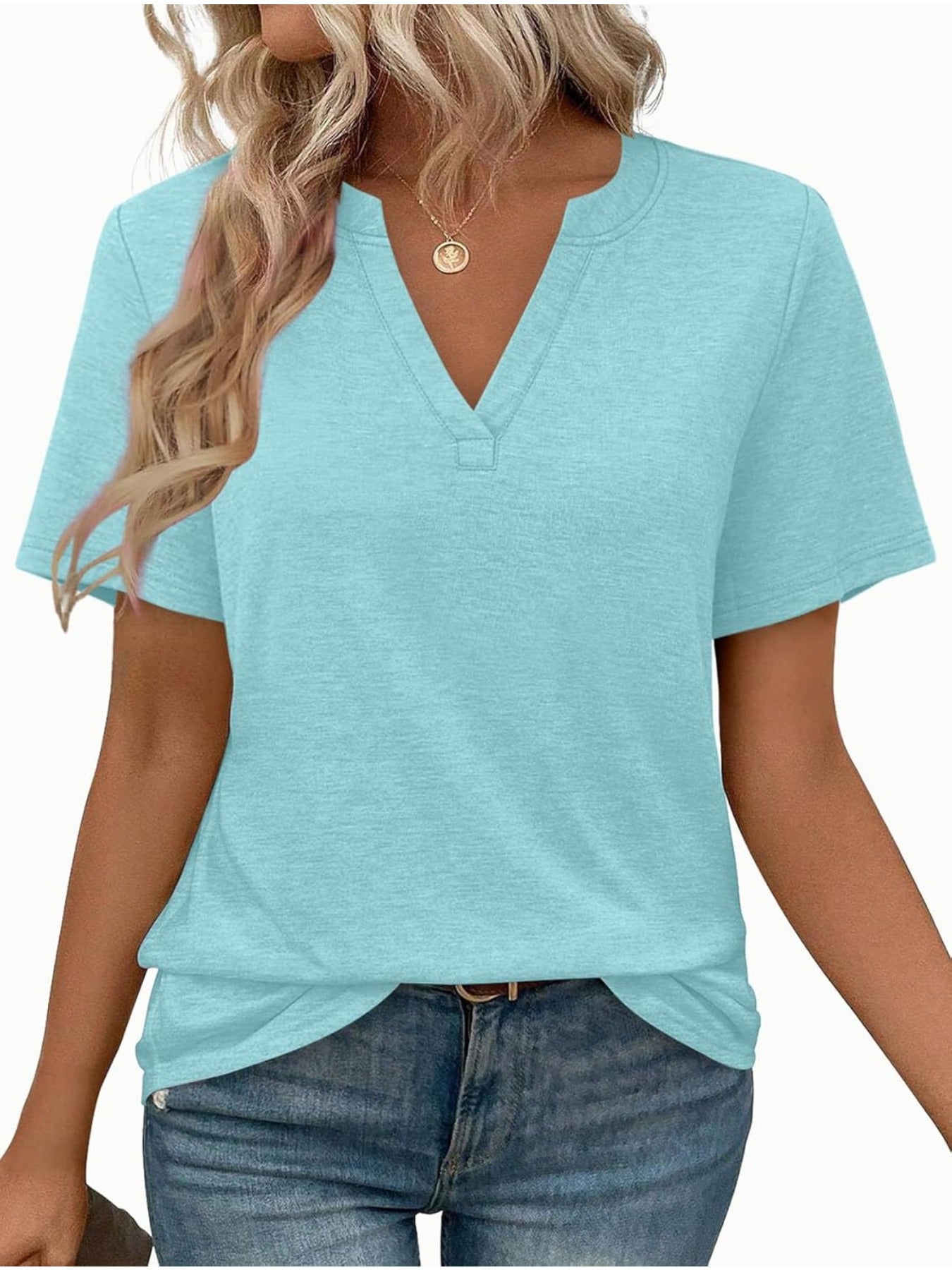 Solid Color Short Sleeve V Neck T Shirt
