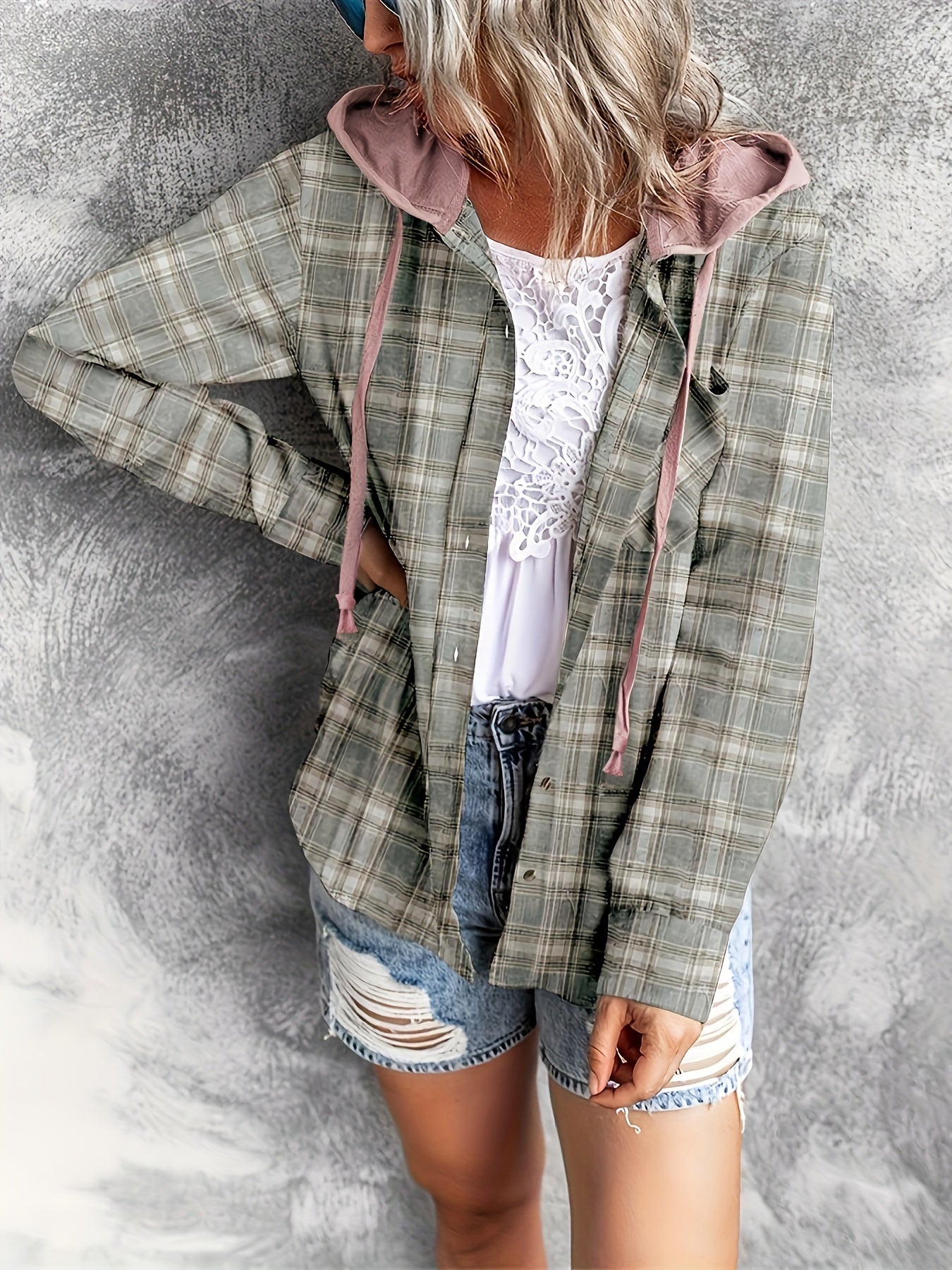 Plaid Print Hooded Shirt, Casual Long Sleeve Drawstring Shirt
